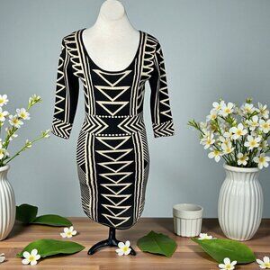 Flying Tomato Dress Black and Tan Geometric Bodycon Bandage Long Sleeve Size M